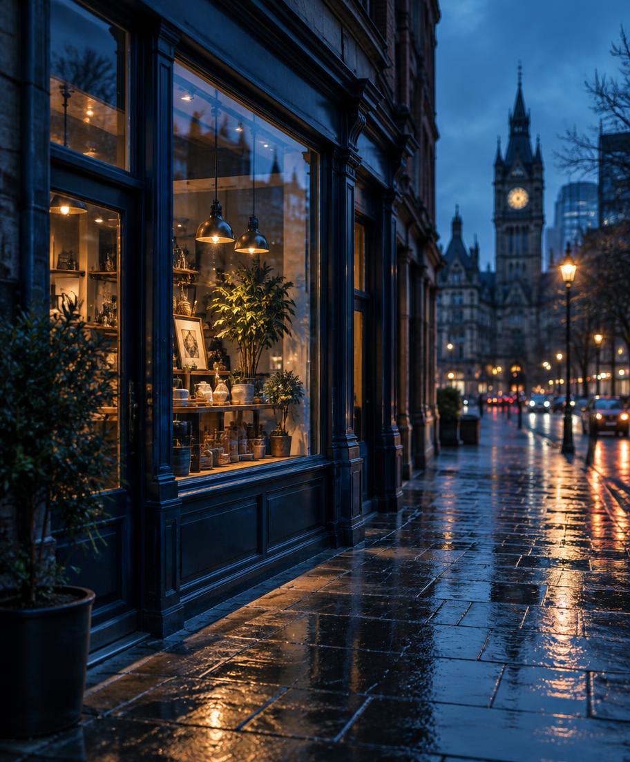 Independent shop window lit at dusk on a Manchester street